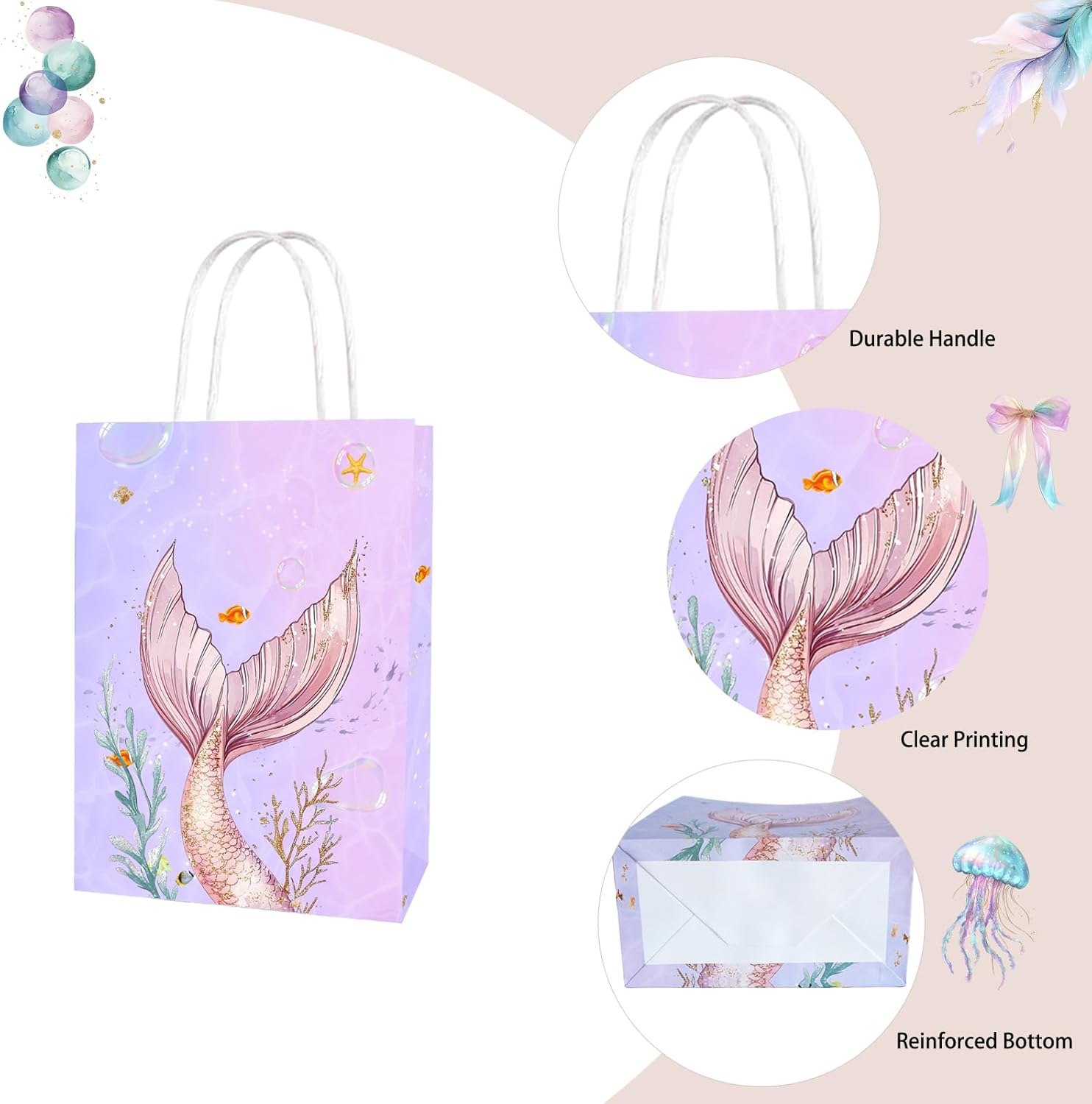 Kiooaci 24 Pcs Mermaid Party Favor Bags, Mermaid Paper Gift Goodie Treat Candy Bags with Handles for Kids' Birthday Themed Party Supplies - Image 3