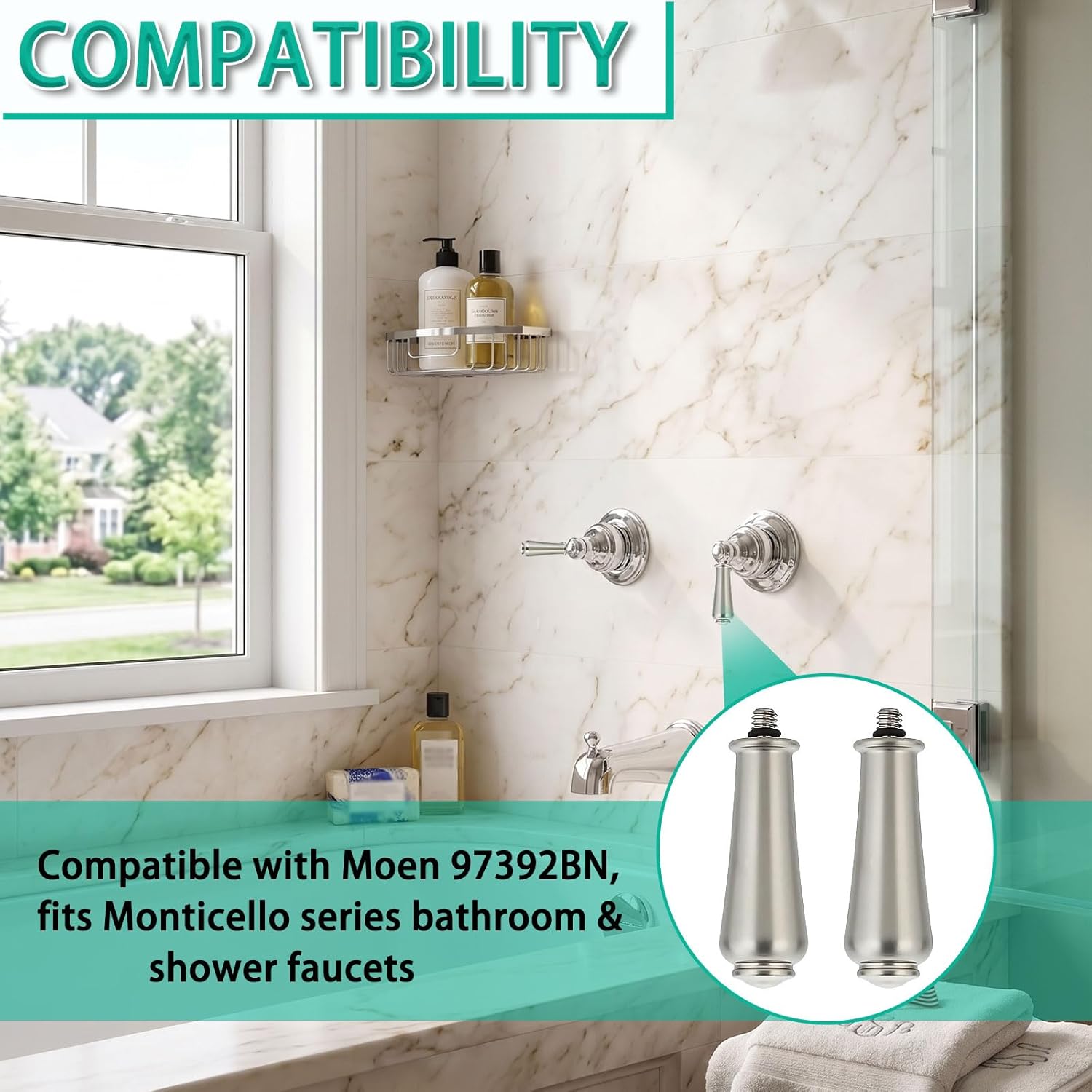 Replacement Bathroom Shower Handle Inserts Compatible with Moen 97372BN Monticello Faucet, Brushed Nickel Hot and Cold Lever Handles (2 Pack)