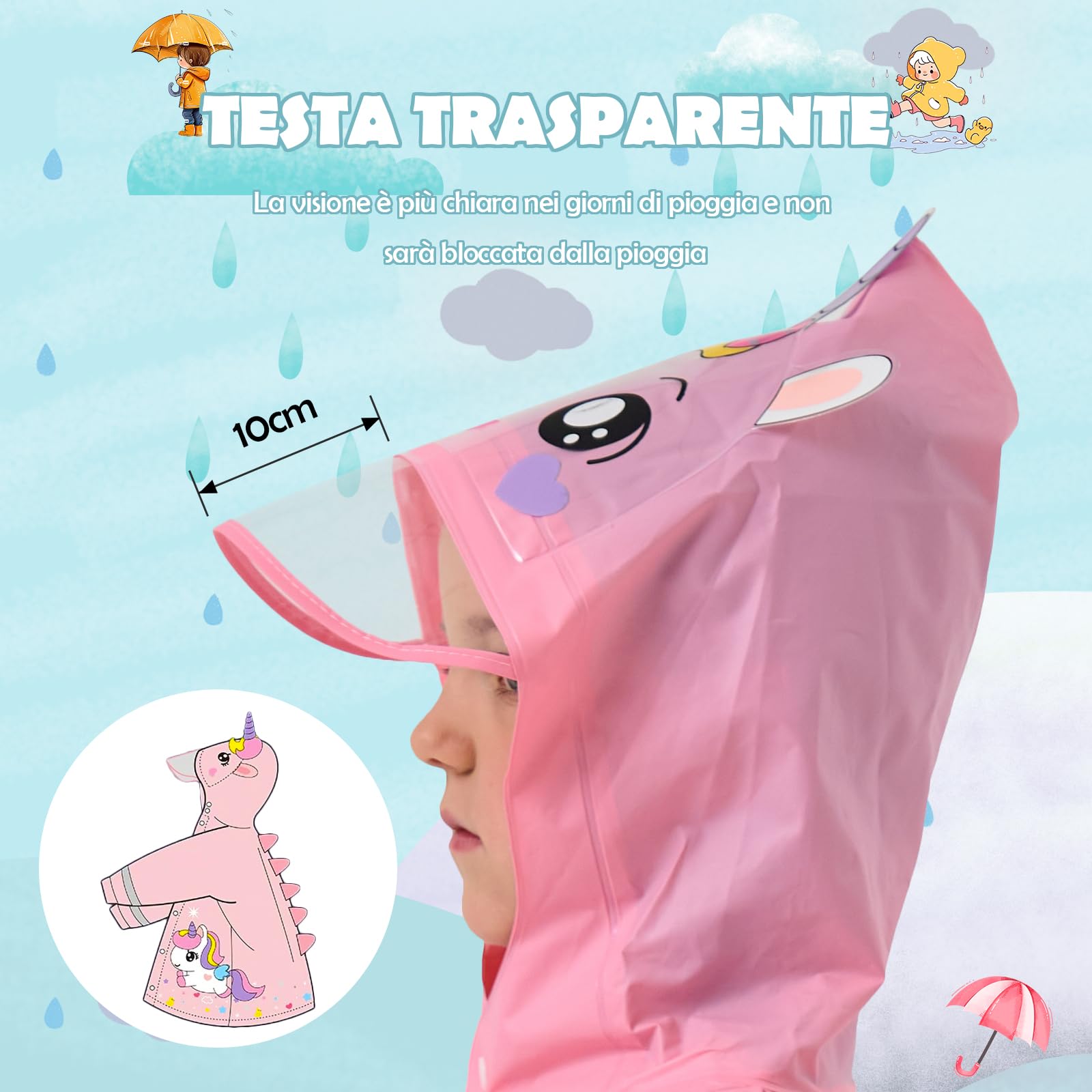 Lymaha Impermeabile per Bambino, Mantella Antipioggia con Cappuccio Cartone Animato 3D Antipioggia Impermeabile Bambina Tuta Portatile Mantellina Bambino 2-12 Anni