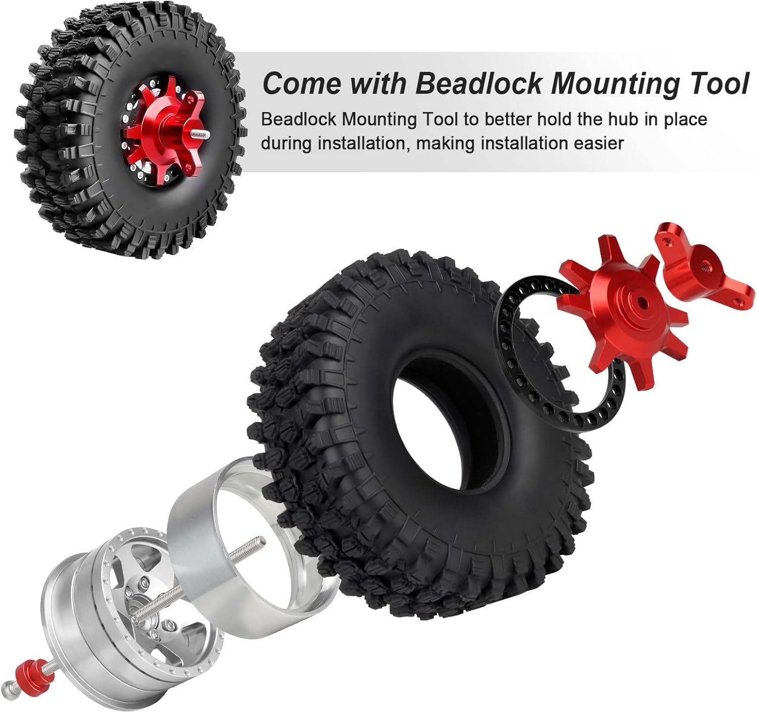 Hobbypark 1.9 Beadlock Wheels and Tires 120mm / 4.72inch Height and Mounting Install Tool for 1/10 RC Crawler with Foam Inserts,Set of 4 (Silver&Black)