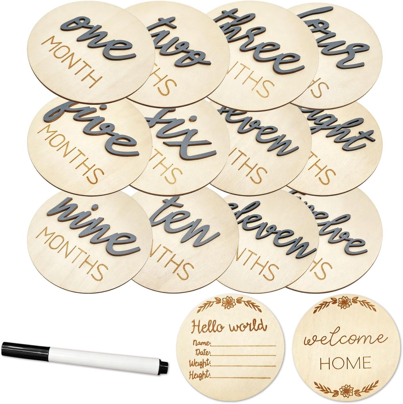 Baby Monthly Milestone Cards 6 Pcs 3D Double-Sided Wooden Cards with 1 Pcs Hello World Newborn Sign & Pen, Gender Neutral Newborn Photo Props for Baby Boys Girls Baby Shower Gifts