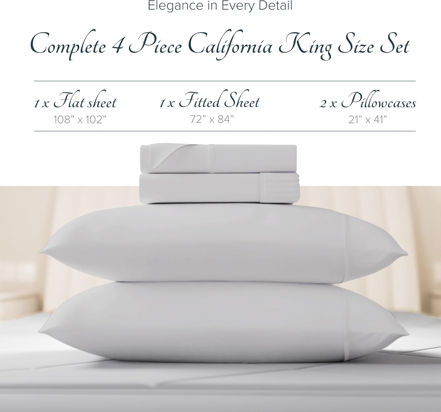 Carressa Linen 100% Egyptian Cotton Sheets California King Size - 1500 Thread Count 4 PC Calking Sheet Set Egyptian Cotton, Cooling Sateen Sheets, High Thread Count Sheet California King - Light Grey - Image 3