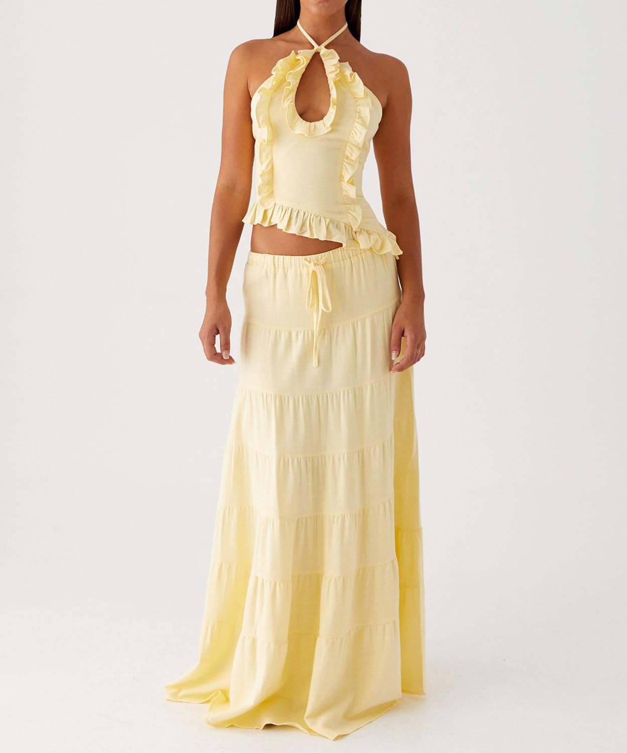 Women Maxi Skirt Set Y2k Sleeveless Backless Halter Top + Drawstring Bodycon Long Skirt Summer 2 Piece Skirts Outfit - Image 2