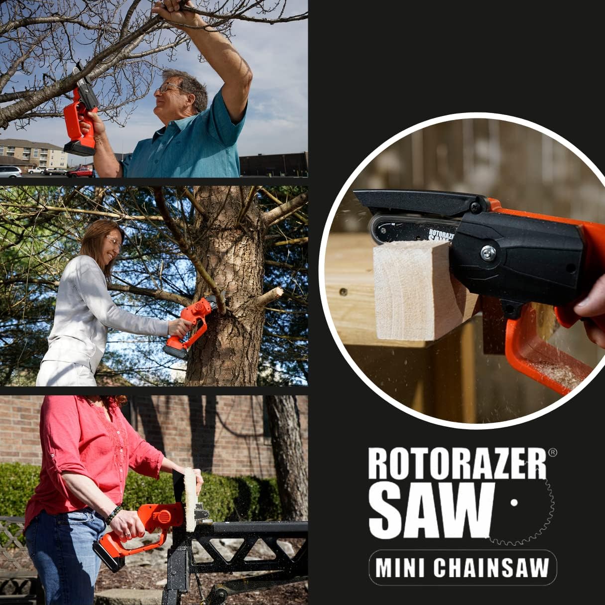 People using the Rotorazer Mini Chainsaw for pruning