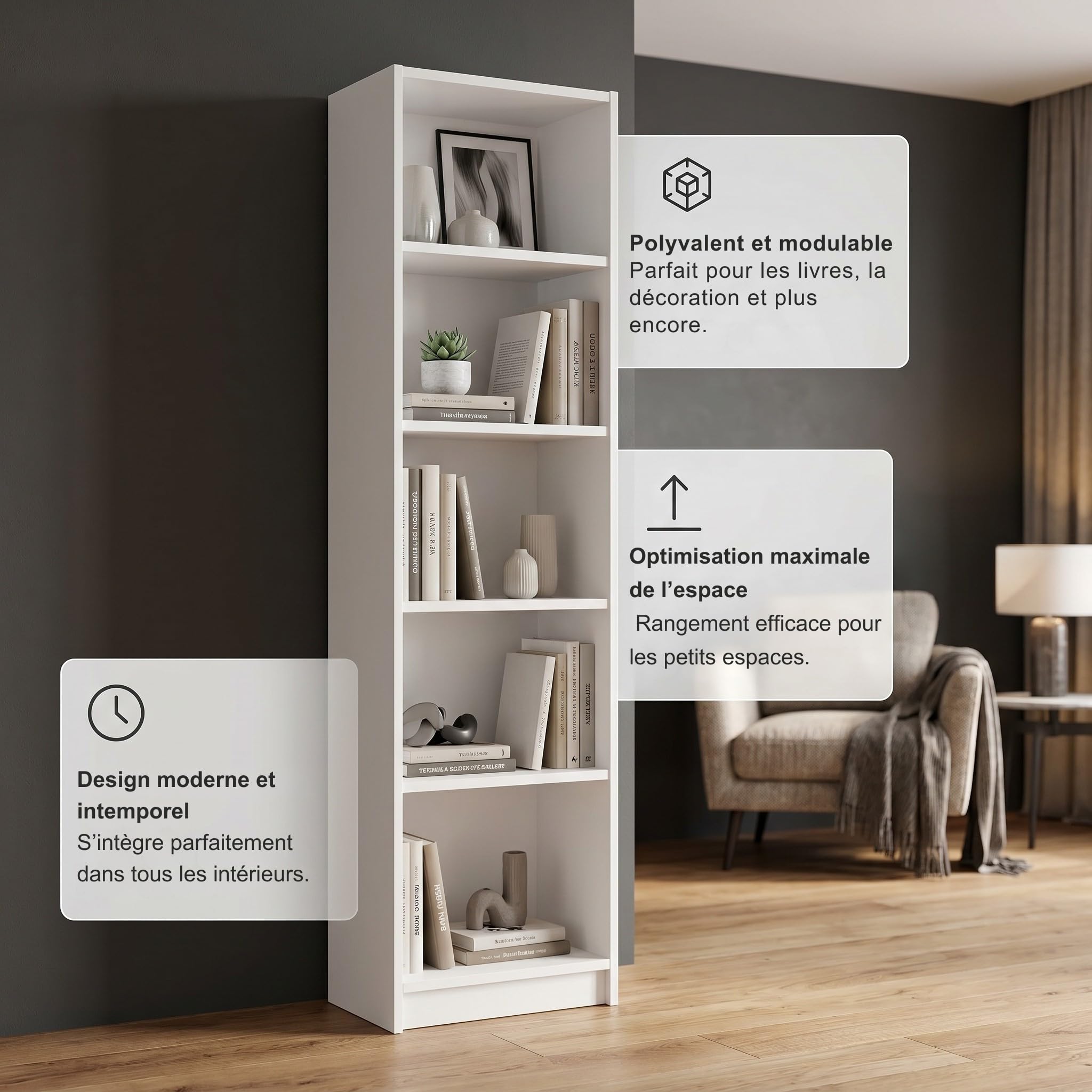 Bibliotheque étroite 50x31x183cm, Meuble bibliotheque Blanc, Etagere Rangement 5 Niveaux, Colonne Rangement Moderne, Etagere bibliothèque Ouverte pour Salon, Bureau, Chambre