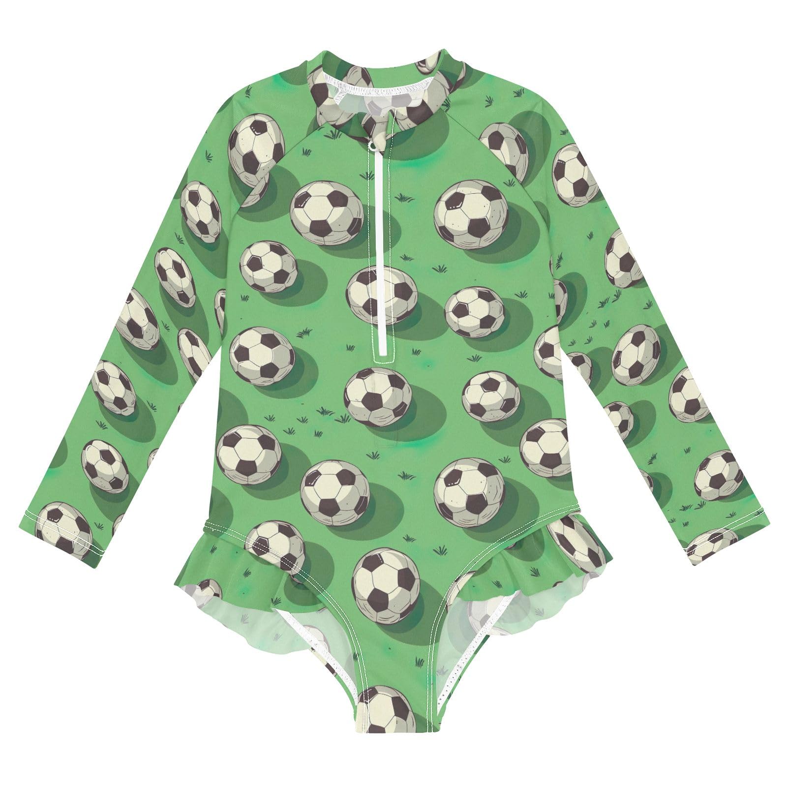 Soccer Balls Green Field Rash Guard Girls One Piece Swimsuit Long Sleeve Zipper Swimwear Bathing Suit Kids Sun Protection, Size 7-8