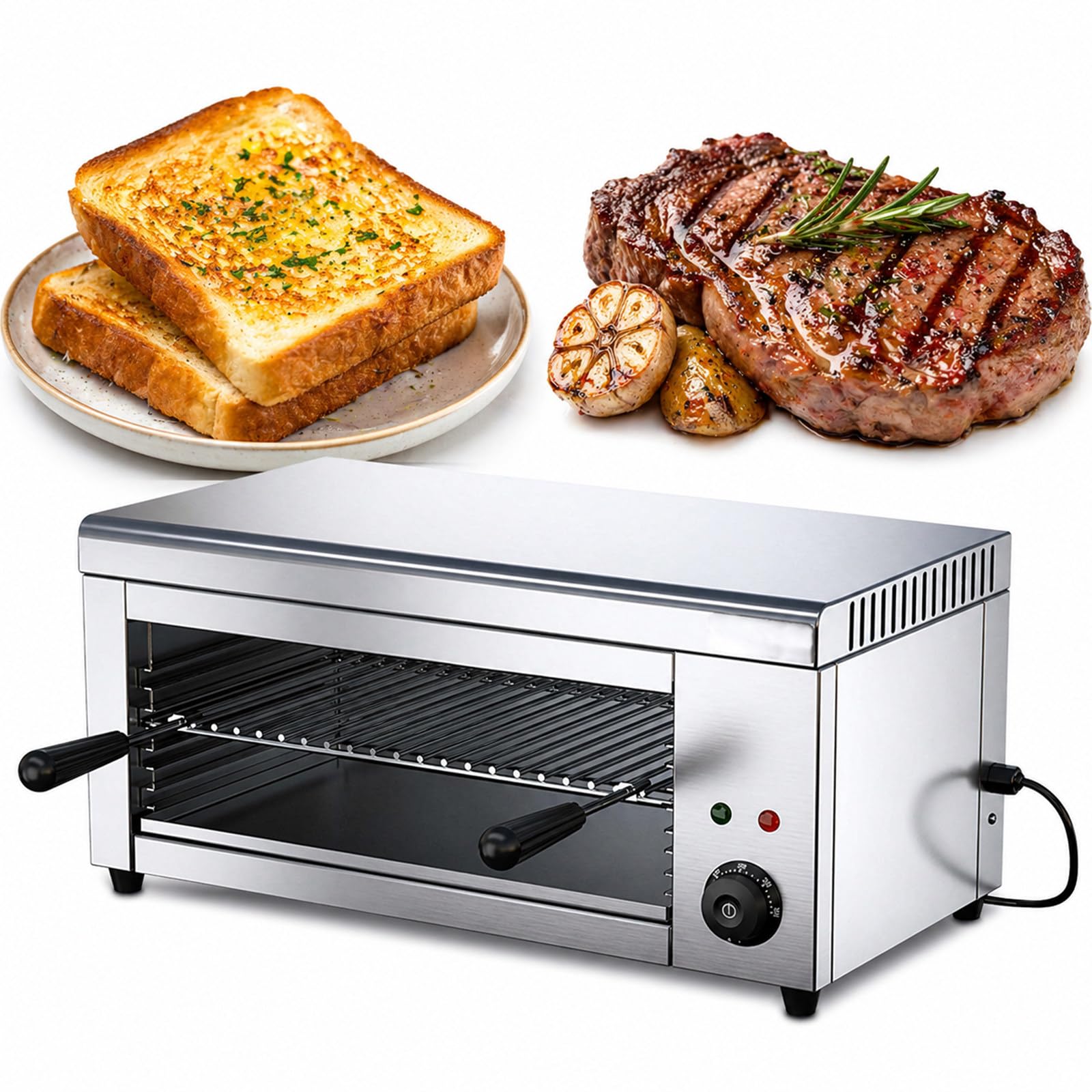 Ahorro de Espacio Salamandra Eléctrica Profesional, 2000 W con Temperatura Regulable, Rejilla Ajustable y Cuerpo de Acero Inoxidable para Bar y Restaurante