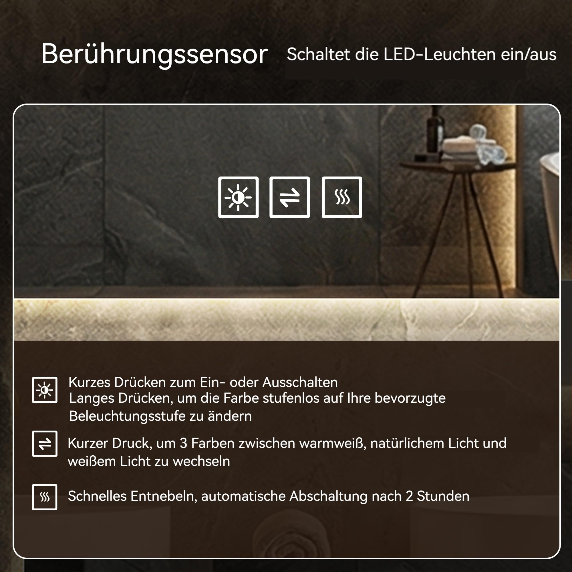Gecheer LED Spiegel Badezimmer 70x90cm dimmbar mit Touch Control Anti Fog HD kupferfreiem Glas für Make up Rasur Pflege Badezimmer Schlafzimmer Ankleidezimmer
