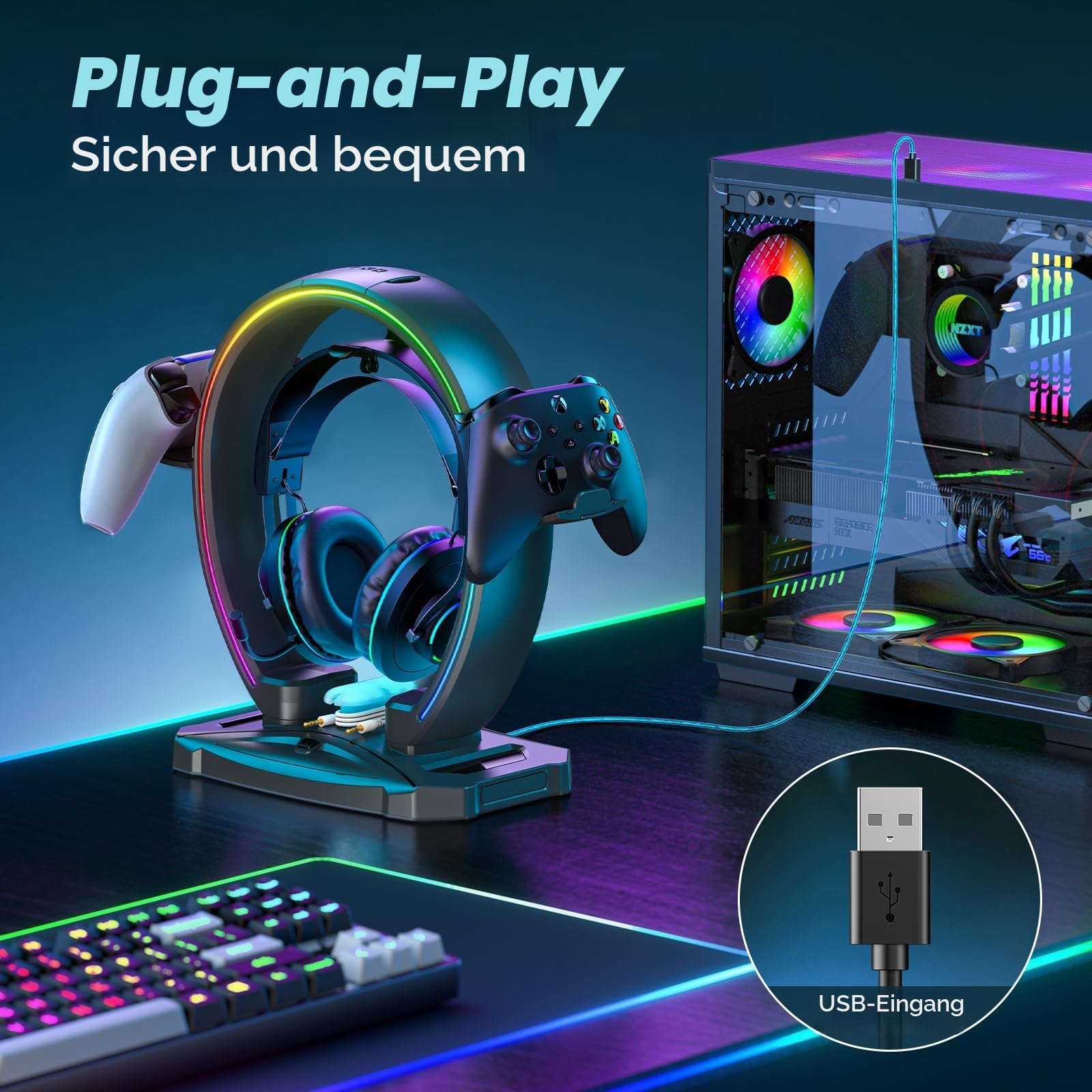 KDD Led Kopfhörer Ständer mit 9 Lichtmodi – Gaming Headset Halterung Schreibtisch – Faltbar Controller Halter mit Kabel Organizer - Headset und Controller Haltrung für Gamer PC Gaming Zubehör