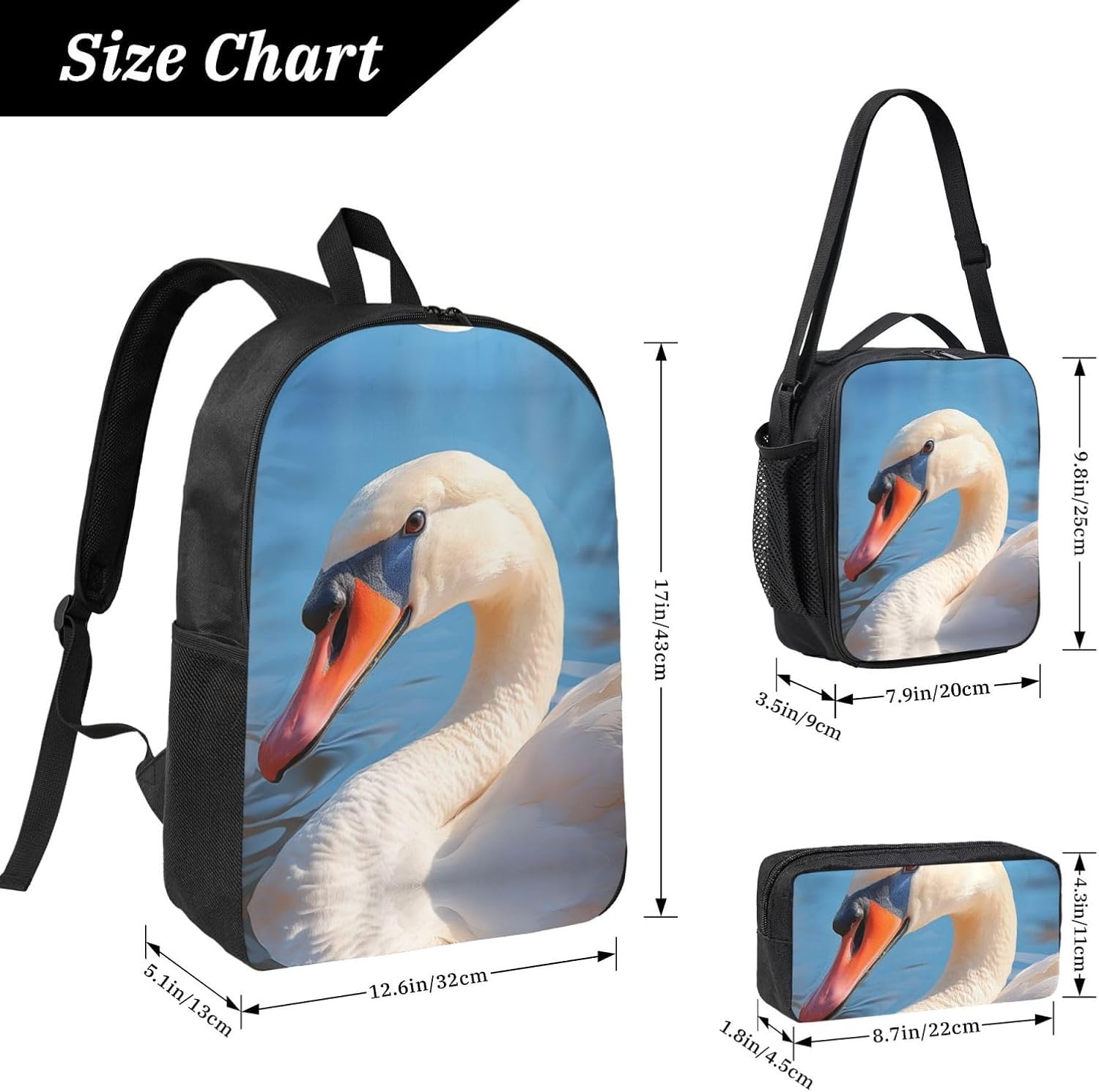 White Swan Backpack Set 3 PCS - 17 Inch Laptop Backpack with Lunch Bag, Waterproof Daypack Insulated Lunch Box Large Capacity Coin Pouch Personalized Gift image 4
