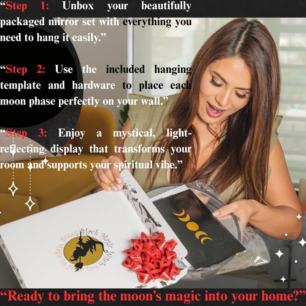 Moon Mirror – Announcing Love Gothic and Boho Home Wall Decor - Glass Moon Phase Mirror Set with Crystal Clear Reflection - Moon Mirror Wall Decor for Living Room Bedroom Nursery Black image 4 of 9 B08CD3CPT6