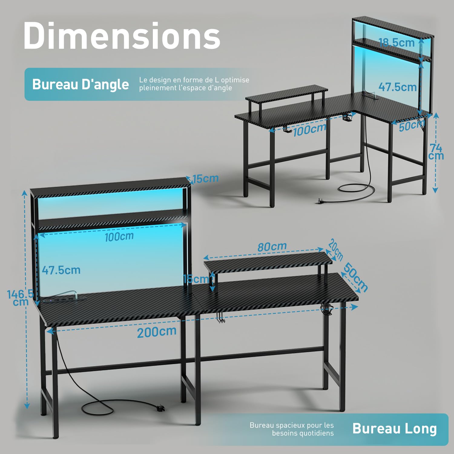 HLFURNIEU Bureau Gaming en L LED, 150 x 100 cm, Noir | Prise Intégrée, Ports USB, Étagères, Surface en Fibre de Carbone