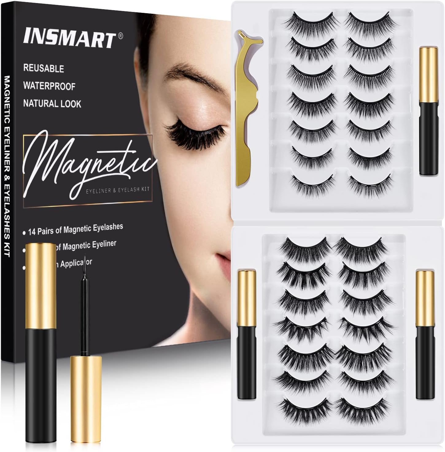 INSMART Magnetic Eyelashes, 14 Pairs False Lashes with 3 Tubes of Magnetic Eyeliner, Magnetic Lashes, Natural Look Kit with Tweezers, Reusable, No Glue