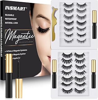 Magnetic Eyelashes, 14 Pairs False Lashes with 3 Tubes of Magnetic Eyeliner, Magnetic Lashes, Natural Look Kit with Tweezers, Reusable, No Glue