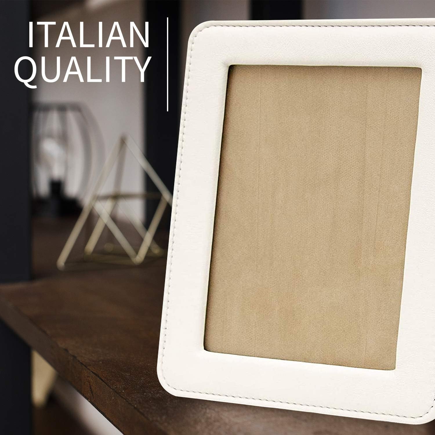 Maruse Italian Leather Picture Frame with Glass Photo Protection, Handmade in Italy, Size 5x7 Inches, White