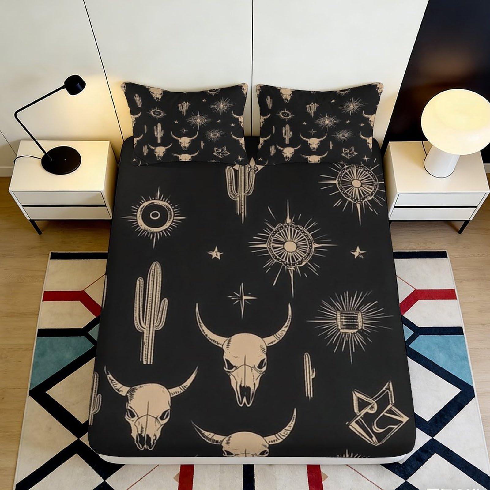 Jqzkxnhpbr Style-8 3D Printed Western Skull Fitted Sheet Microfiber Black Cactus Mattress Cover Bedroom Decor Dustproof 90X200x25cm