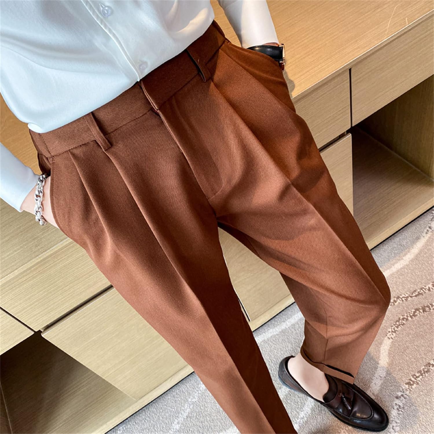 Men's Handsome No Iron Trousers Casual Pants Slim Fit Stretch Dress Pants Stretchy Slacks Tapered Trousers