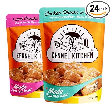 Kennel Kitchen Adult & Puppy Dog Food, Chicken and Lamb Chunks in Gravy, 24 Pouches (24 x 70g Each)