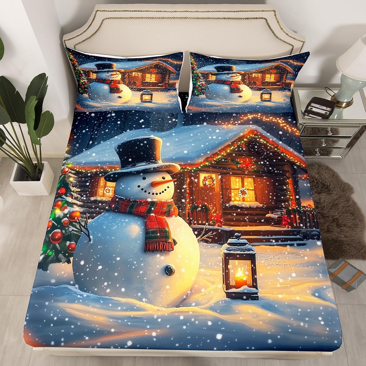 Erosebridal Holiday Poinsettia Fitted Sheet Full Size,Farmhouse Christmas Decoration Bed Sheets Pinecone Red Floral Green Pine Tree Leaves Xmas Bedding Set,Winter New Year Sheets 3 Pcs