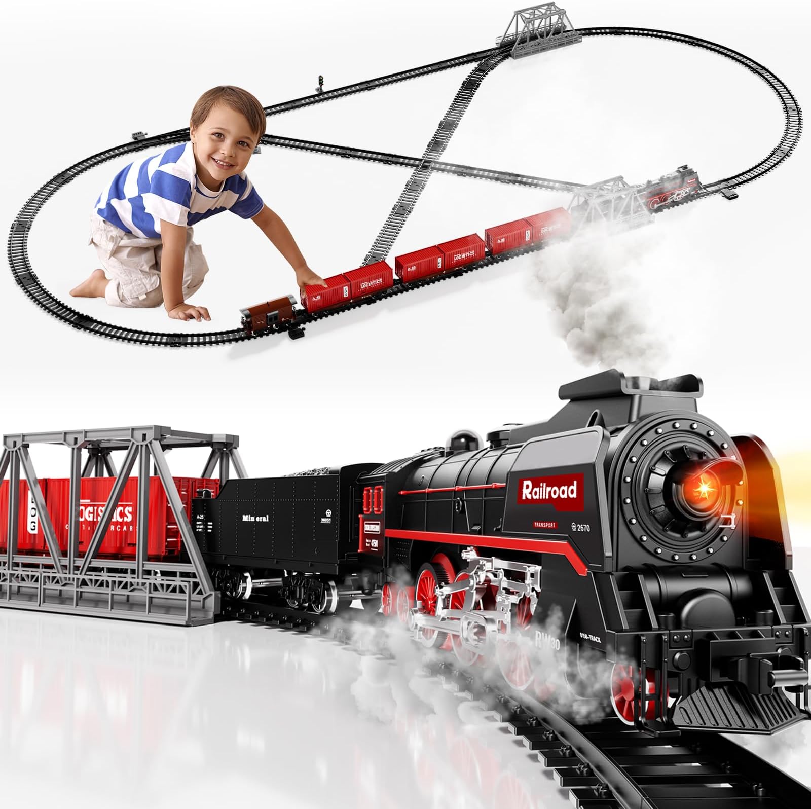Train Set - Train Toys for Boys w/Steam Locomotive, Train Carriages & Tracks