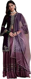 Miss Ethnik Women's Purple Faux Georgette Stitched Top With Stitched Bottom Full Sleeve Embroidered Flared Kurta (Lehenga ... Price In India