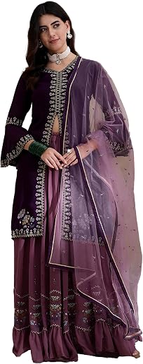 Miss Ethnik Women's Purple Faux Georgette Stitched Top With Stitched Bottom Full Sleeve Embroidered Flared Kurta (Lehenga ...