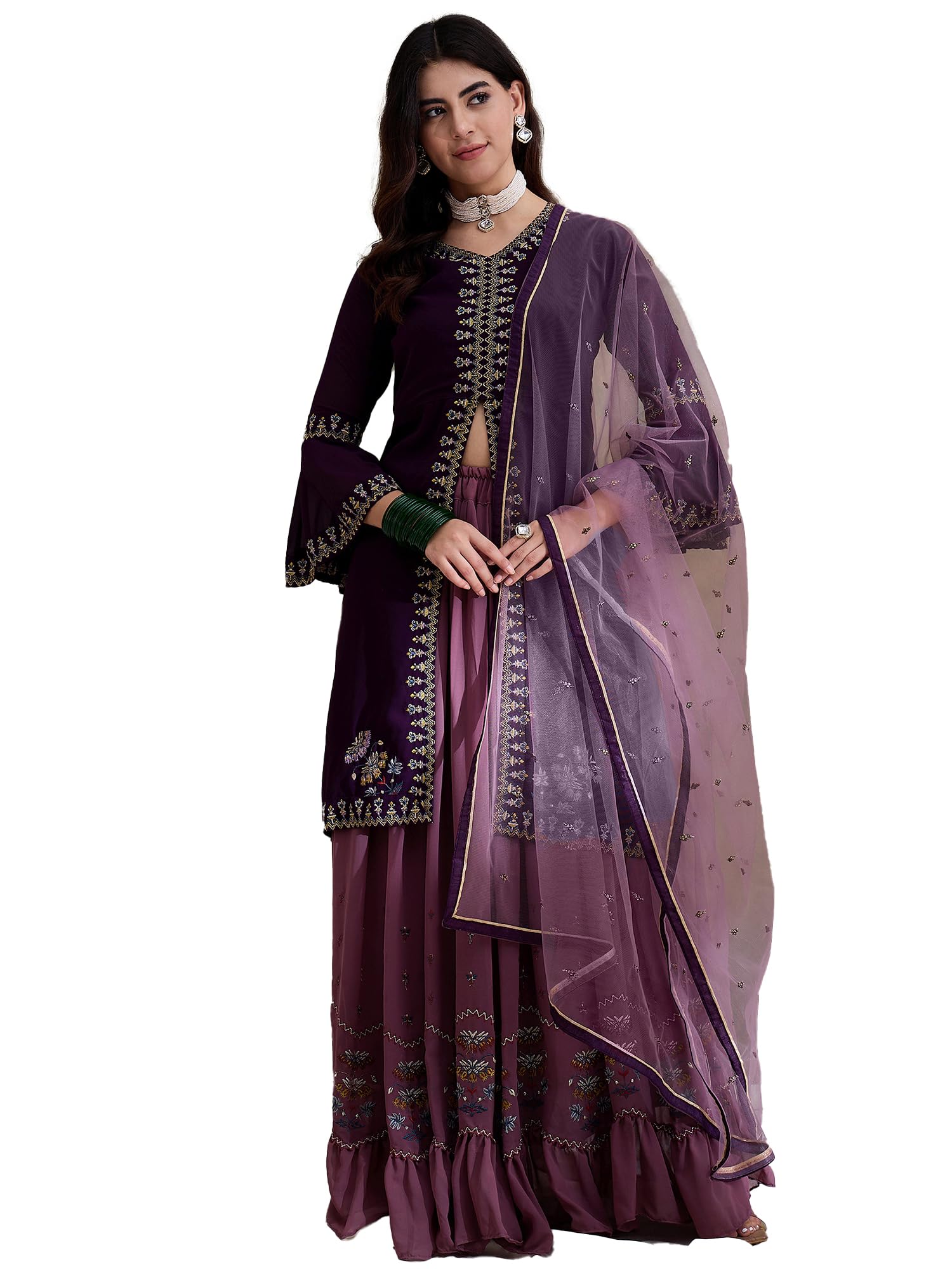 miss ethnik Women's Purple Faux Georgette Stitched Top With Stitched Bottom Full Sleeve Embroidered Flared Kurta (Lehenga With Kurta) (MEY-142-Purple-XL)-picture-17