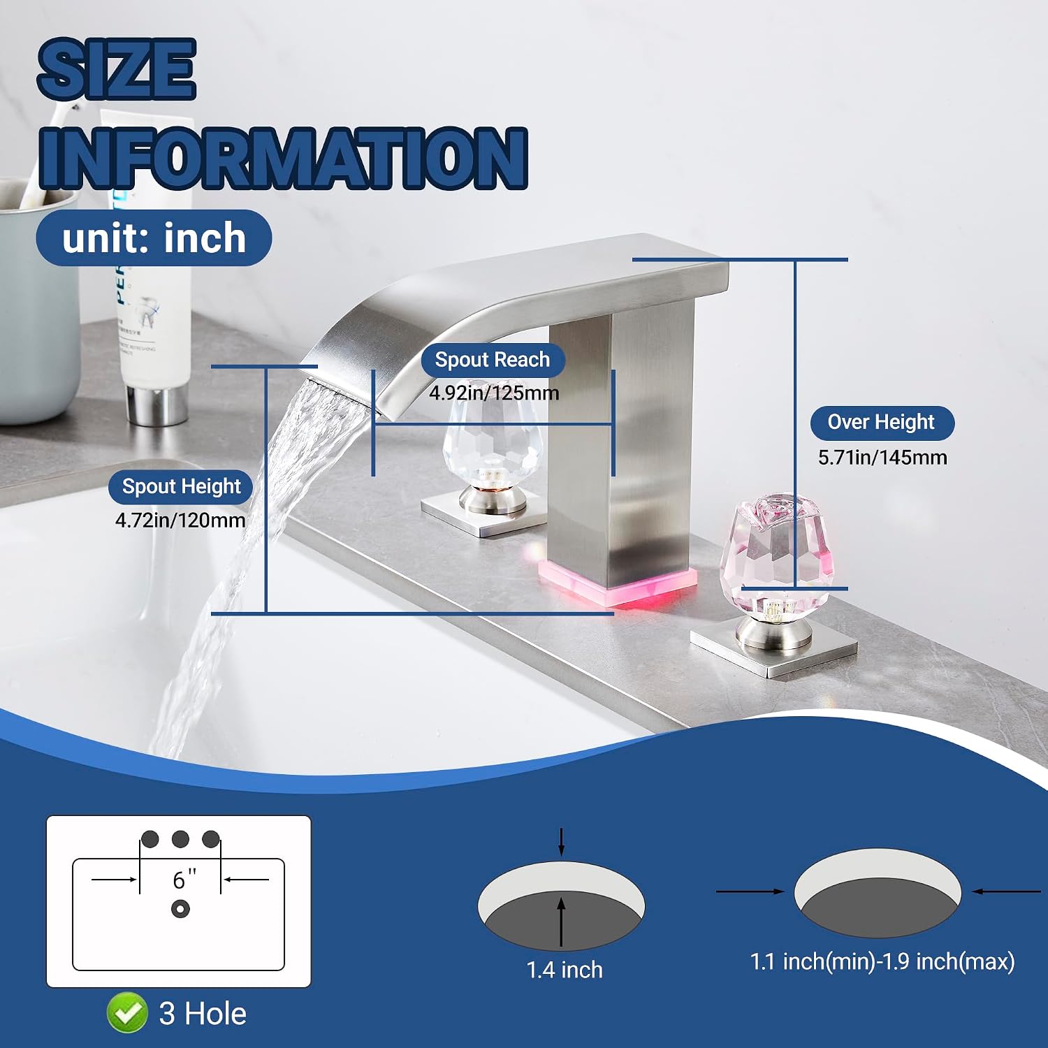 Bathroom Faucet 3 Hole Widespread with LED Temperature Display & Waterfall Spout, Brushed Nickel Modern Vanity Faucet for Bathroom Sink, 8 Inch Touch On 2 Handle Crystal(Brushed Nickel)