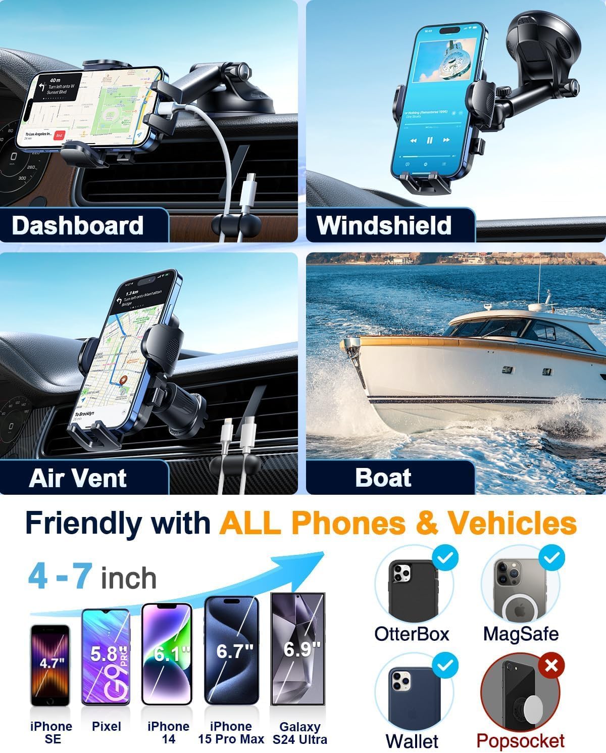 YRU True Military-Grade [360° Rotation Suction] 2026 Ultimate Car Phone Holder Mount 【90+LBS Safest Strongest & Patent Certs】 Dashboard Windshield Vent for iPhone 17 16 Pro Max Samsung,Blue Black