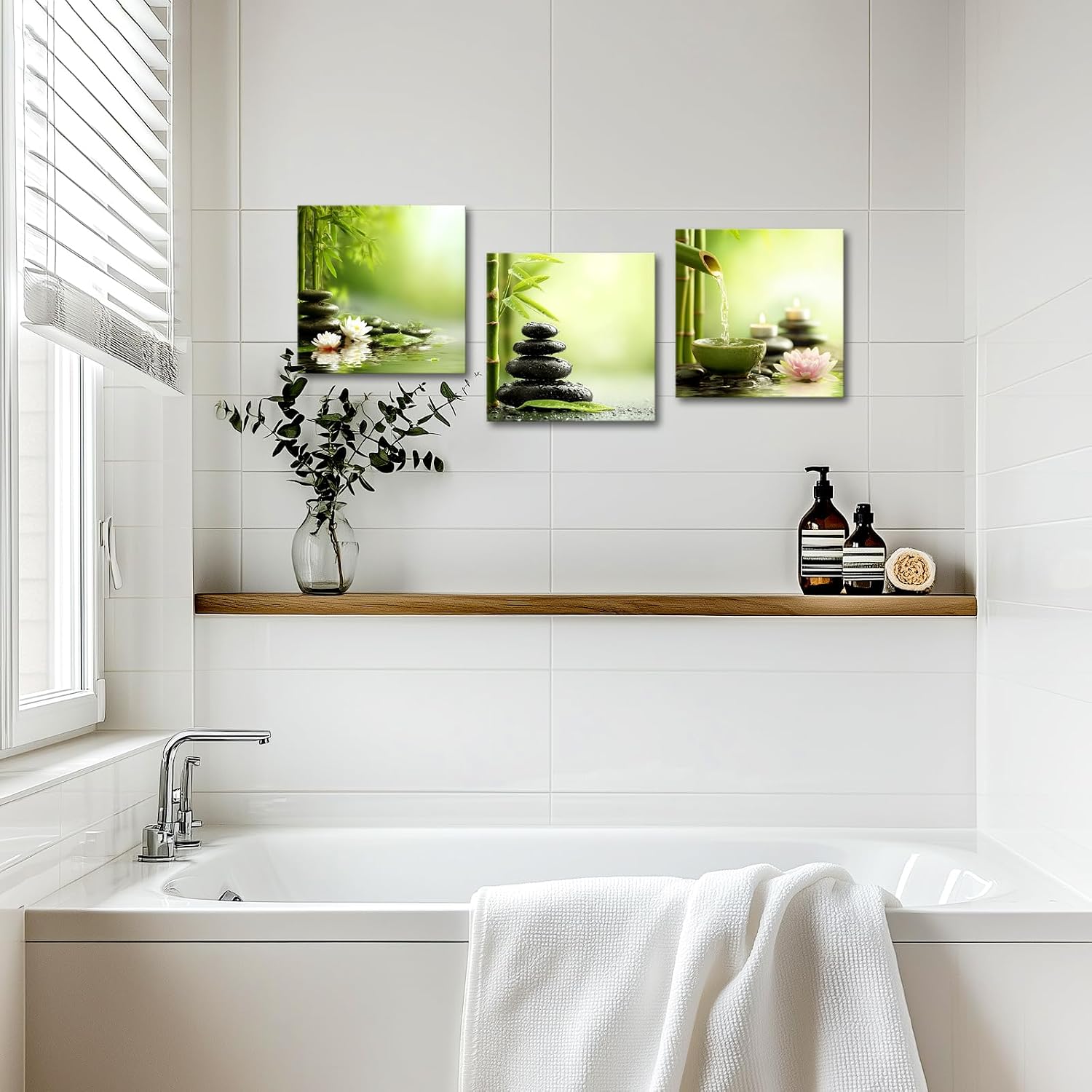 VANSEEING Green Zen Wall Art Canvas Prints Bathroom Decor Bamboo Stone Lotus Picture Contemporary Artwork Wall Decor for Meditation Yoga Spa Bedroom Office Living Room 12"x12"x3 Pieces