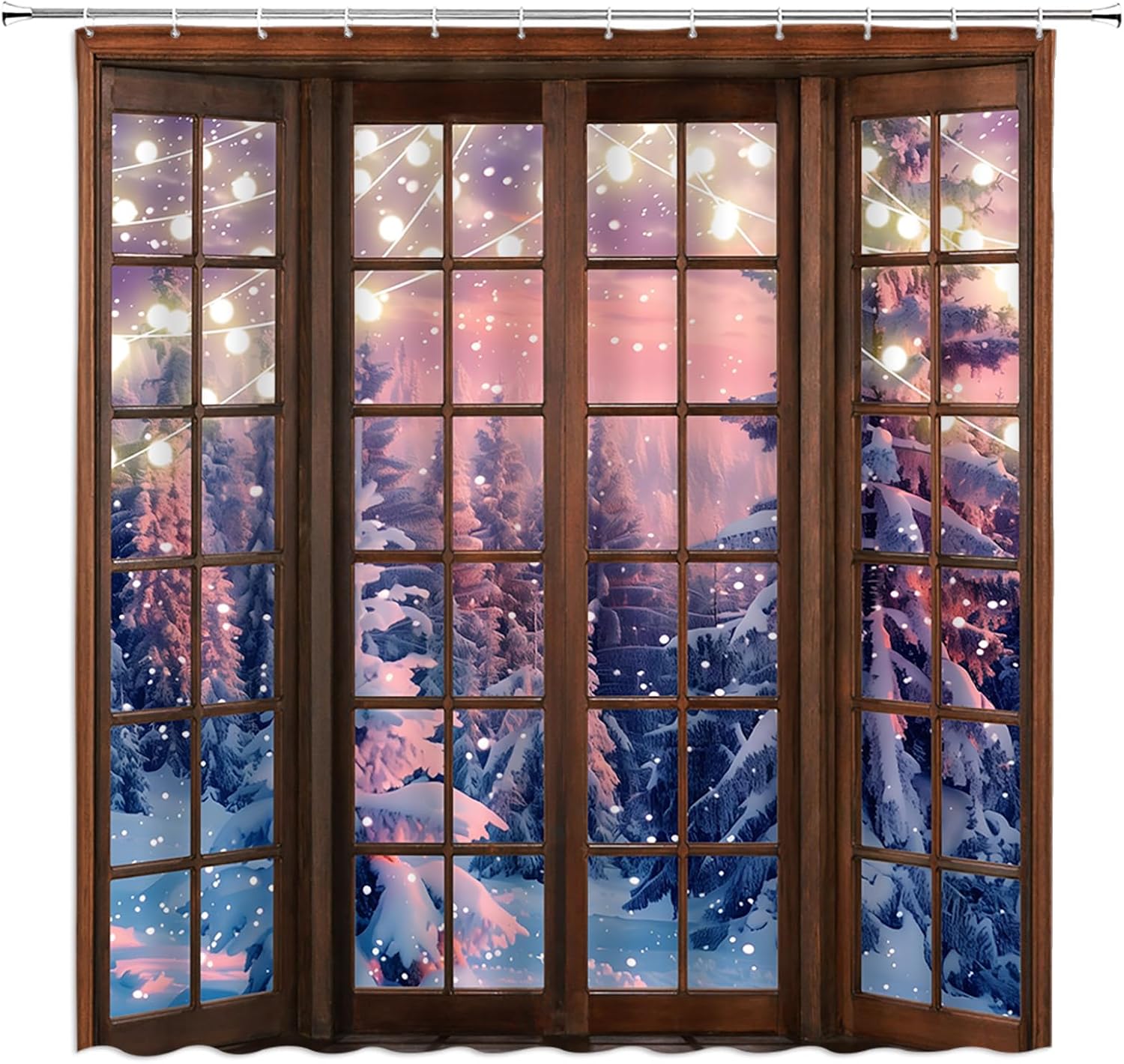 Winter Forest Shower Curtain Snowy Christmas Tree Vintage Window Holiday New Year Scenery Fabric Bathroom Decor Curtains with Hooks,Purple Brown