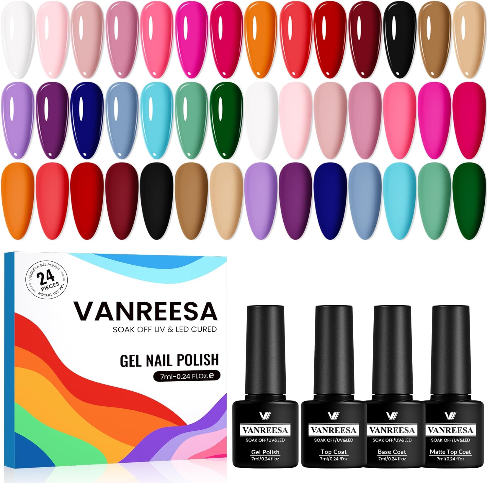 VANREESA 24 PCS Gel Nail Polish Set Fall Winter Colours Gel Polish Set with Base Top Coat Classic White Black Pink Purple Red Brown Soak Off UV Nail Polish Set Nail Varnish Kit Gifts for Women