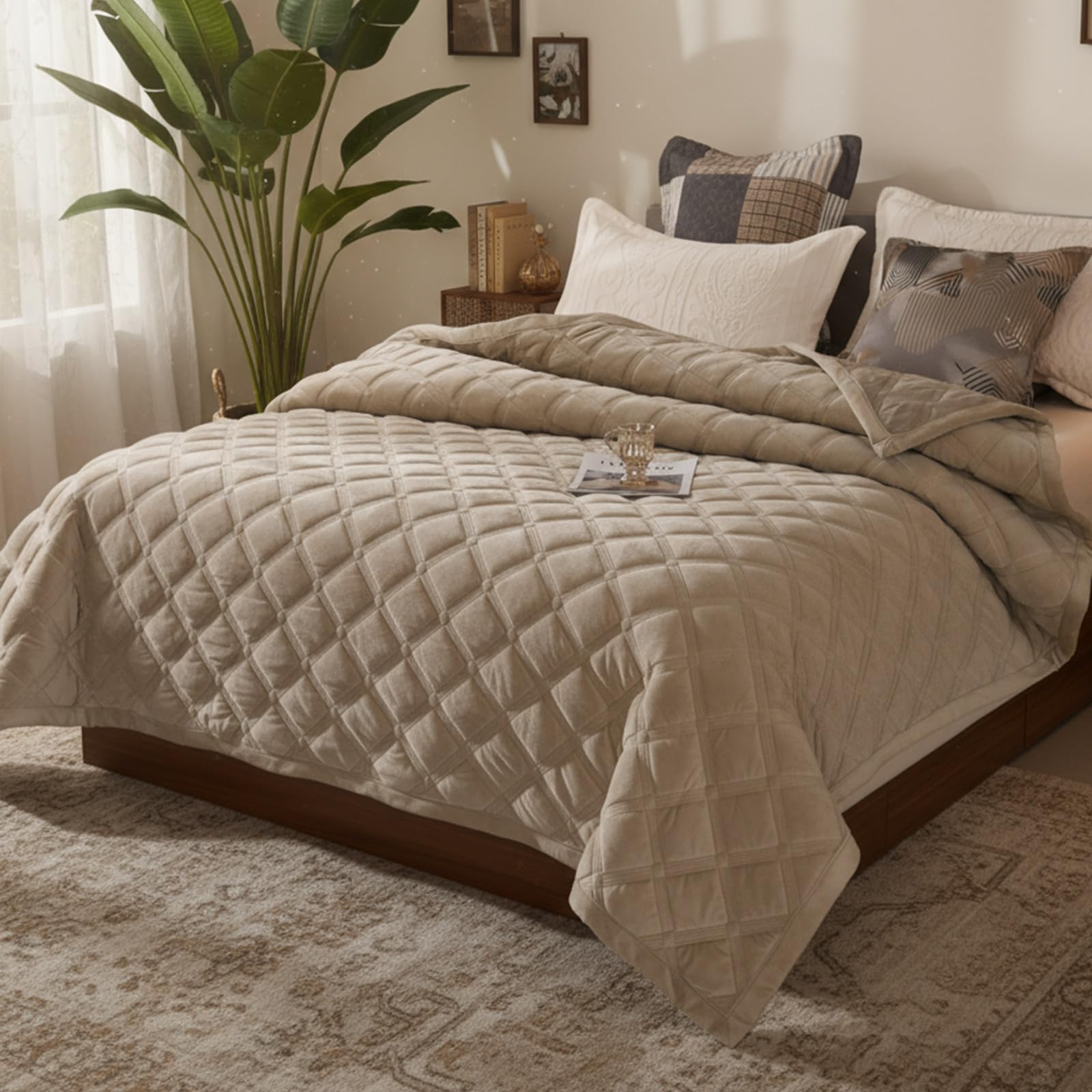 Quilt Bedspread 3 Piece Set: All Season Ultra-Soft Microfiber Cozy Quilted Bedspread King Size 220 x 240 cm Bedding Coverlets Set with 2 Pillow Sham 50 x 70 cm Machine Washable (Gray Camel-B)