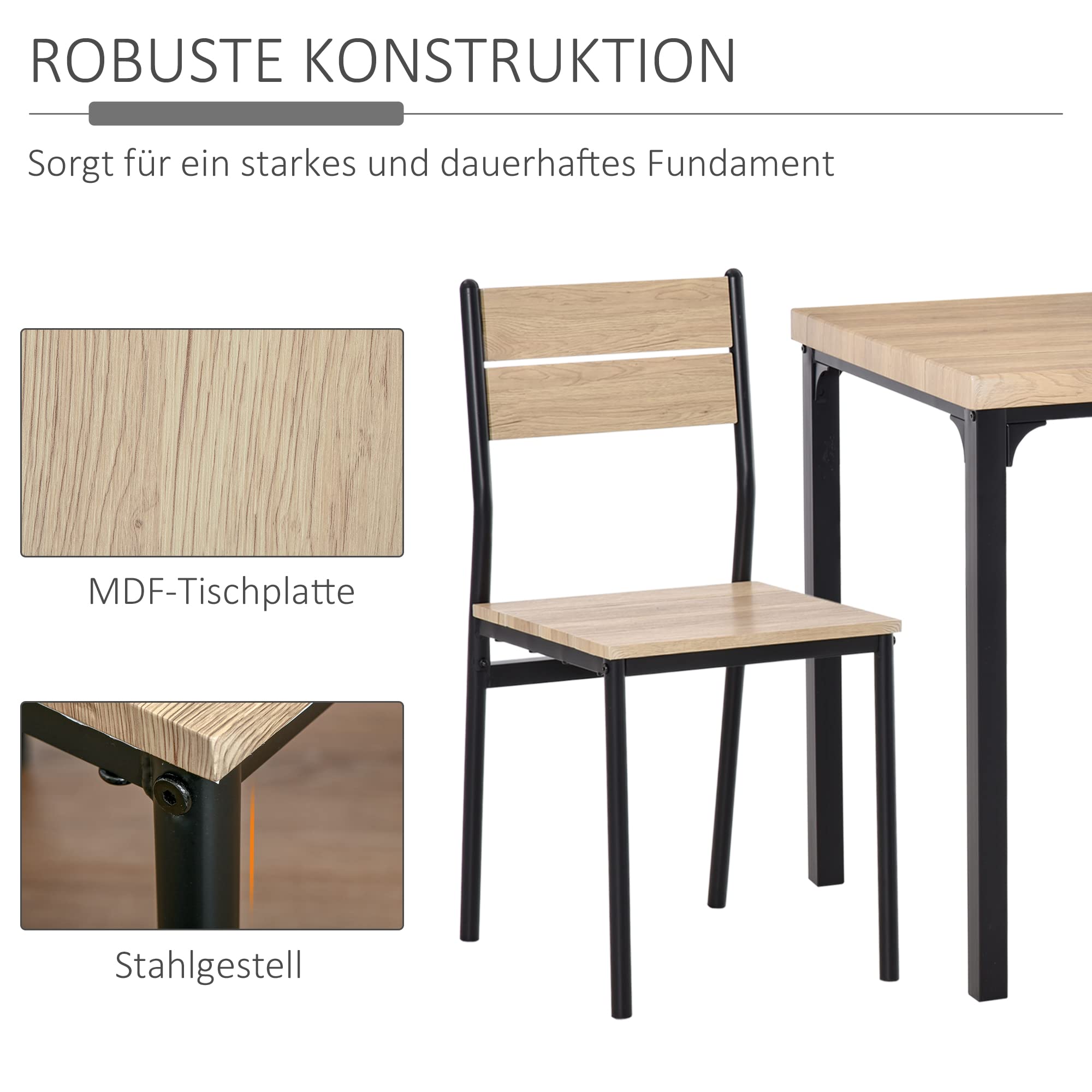 HOMCOM 3-teilige Essgruppe Esstisch mit 2 Stühlen, 4 cm Tischplatte Sitzgruppe Küchentisch mit Metallgestell Esszimmergruppe, Natur
