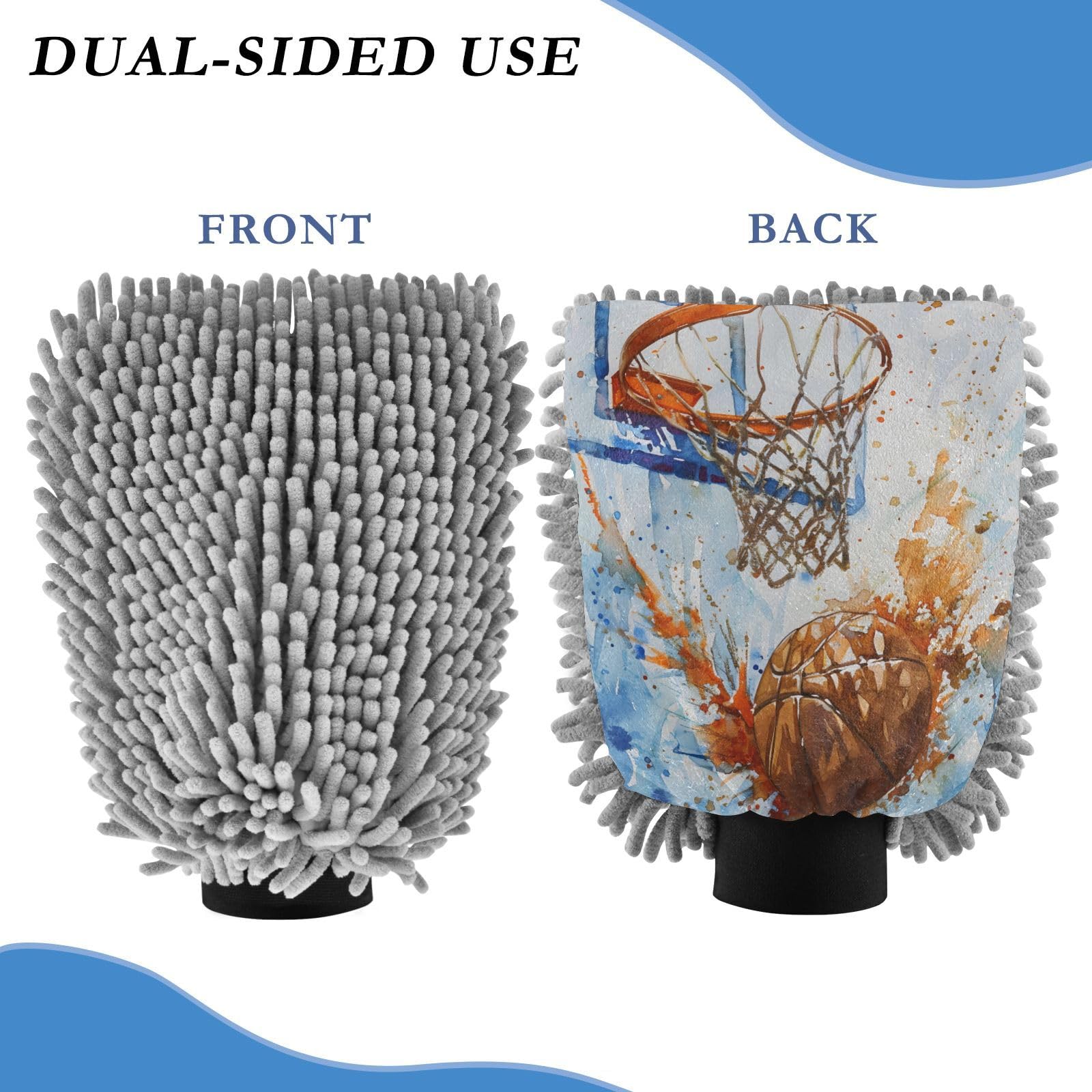 ALAZA Basketball Basket Watercolour Car Wash Mitt Scratch Free, 2 Pack Absorbent Microfiber/Chenille Washing & Drying Mitts, L