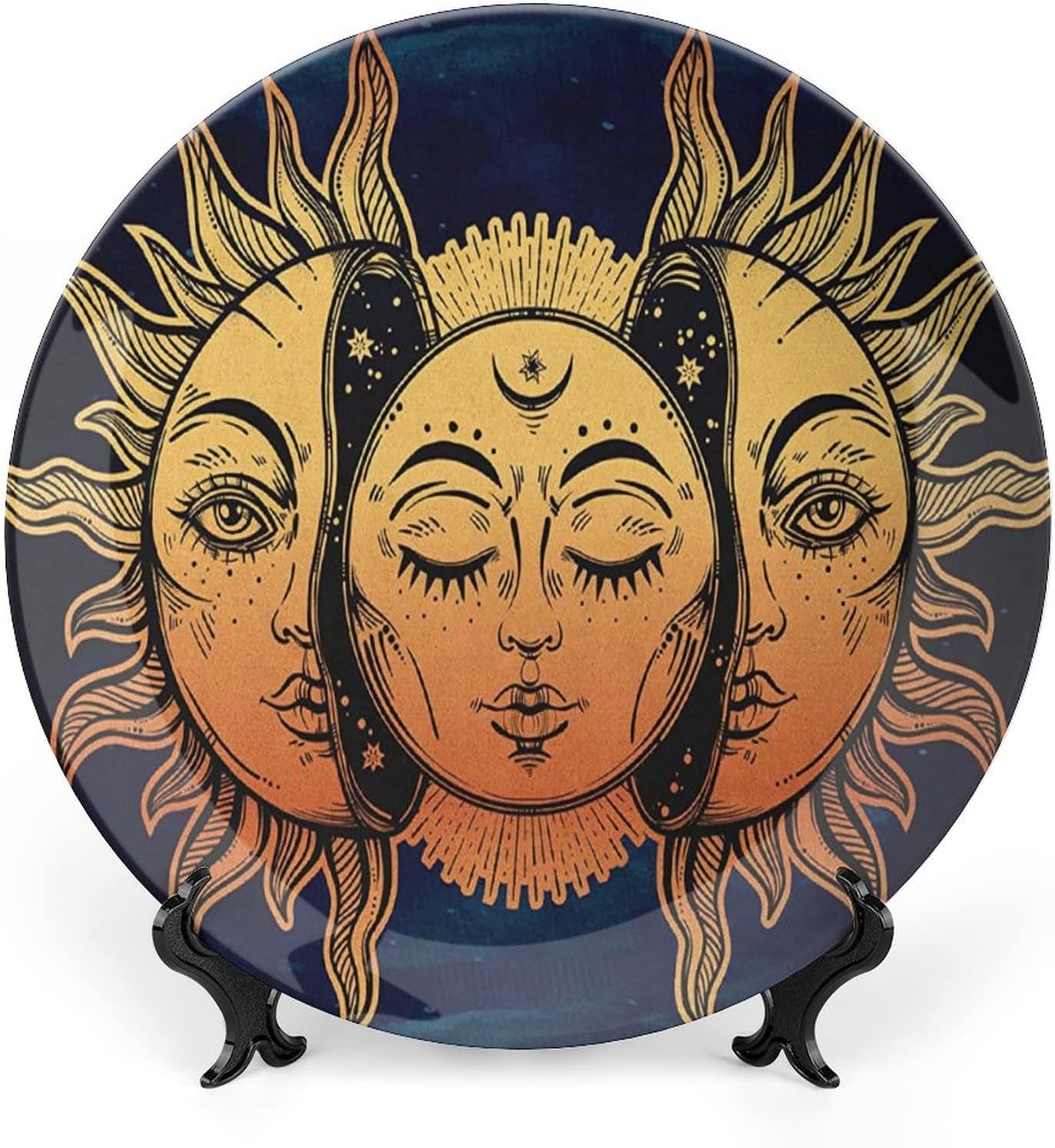 XISUNYA 10 Inch Decorative Plate, Psychedelic Tableware Plate, Vintage Occult Sun with Face Boho Print Ceramic Wall Hanging for Home Office Party Dinner Table Decor, Yellow Dark Blue