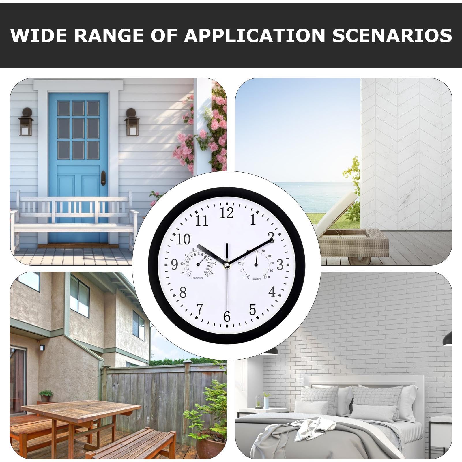 Genérico Relojes de Exterior Impermeables, Gran Reloj De Jardín con Alarma, Reloj De Pared Silencioso para Exteriores con Higrómetro para Patio, Piscina, Jardín, Terraza Y Decoración del Hogar