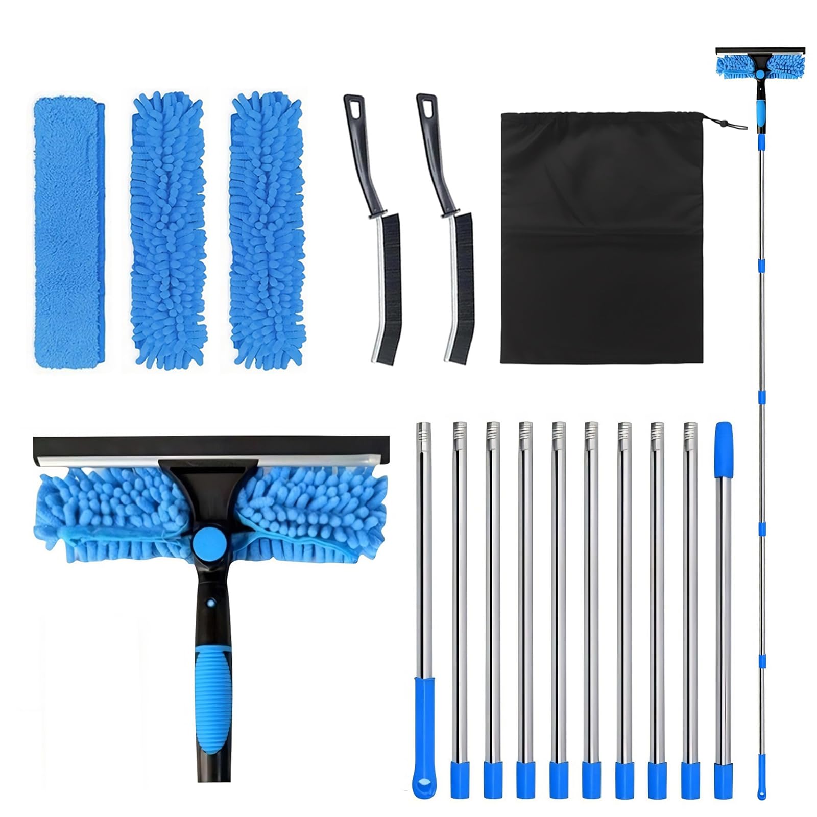 4,3 M Limpiacristales con Mango Extensible, Barra Telescópica 2 en 1, con 10 Palo, 2 Cepillo para Limpiar Juntas y 3 Paños de Microfibra y 1 Bolsa de Almacenamiento, para Ventanas Altas, Hogar, Pared