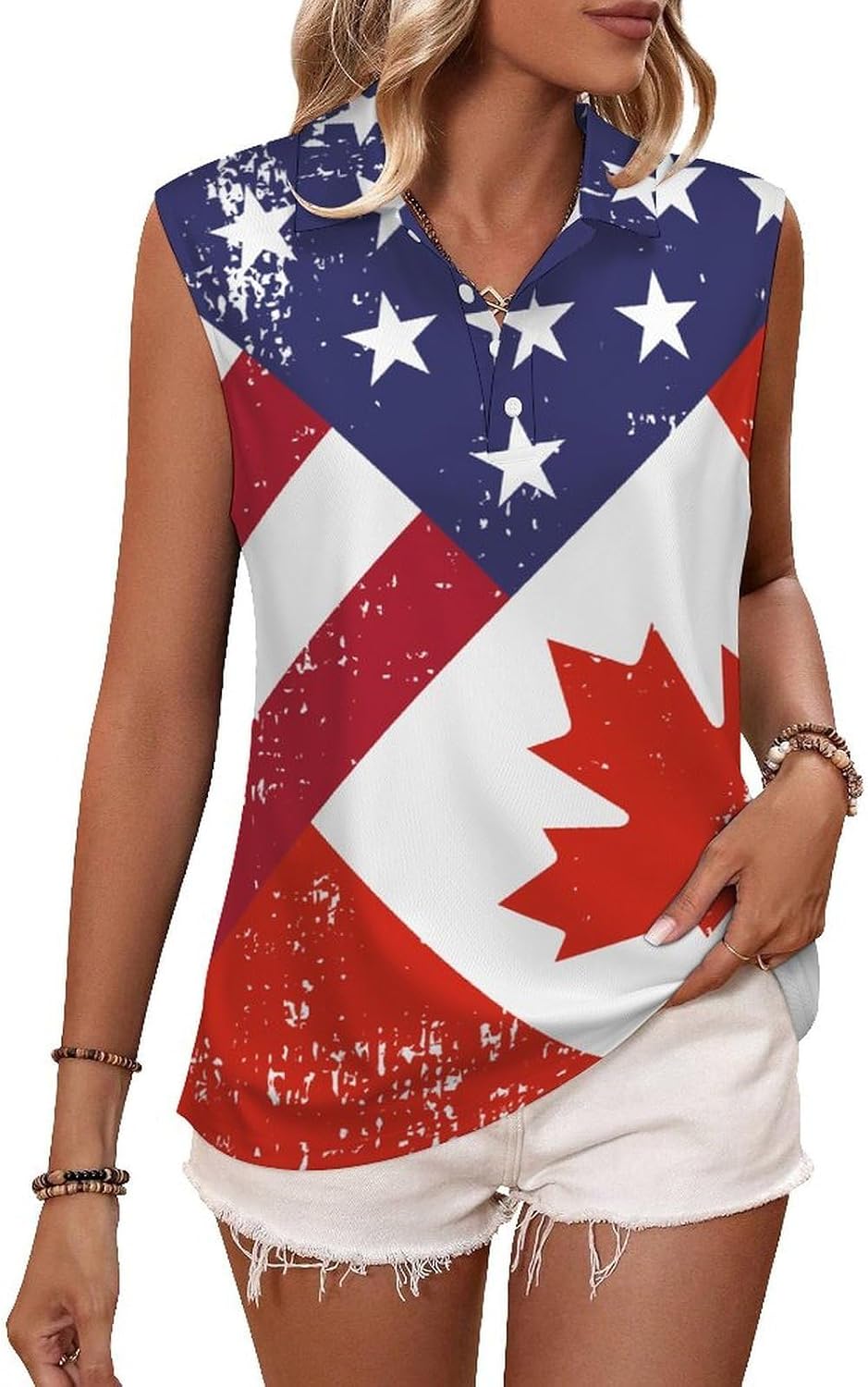 Retro America Canada Flag Women's Golf Shirt Sleeveless Polo Shirts Tank Tops Blouses Tennis T-Shirts Casual