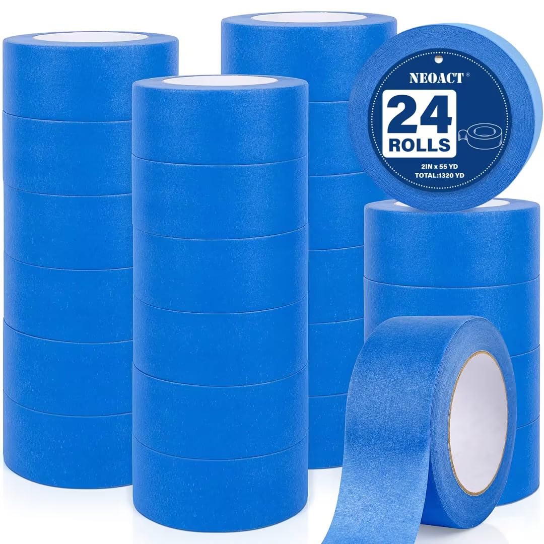 NEOACT 24 Rolls Blue Painters Tape 2 Inch Wide,55 Yards Multi-Surface Residue Free Masking Tape for Walls Painting,Packing,Labeling,DIY Crafts,24 Rolls X 2 Inch X 55 Yards(1320 Yards Total)