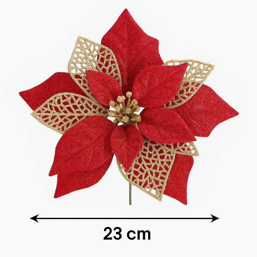 Kit 12 Flores Decorativas Natalinas com Haste Flexível, 23 cm, Tecido Brilhante, Caule 20 cm, para Árvores de Natal Guirlandas e Vasos, Vermelho, Dourado, Prata ou Rosa (Vermelho) Kit 12 Flores Decorativas Natalinas com Haste Flexível, 23 cm, Tecido Brilhante, Caule 20 cm, para Árvores de Natal Guirlandas e Vasos, Vermelho, Dourado, Prata ou Rosa (Vermelho)