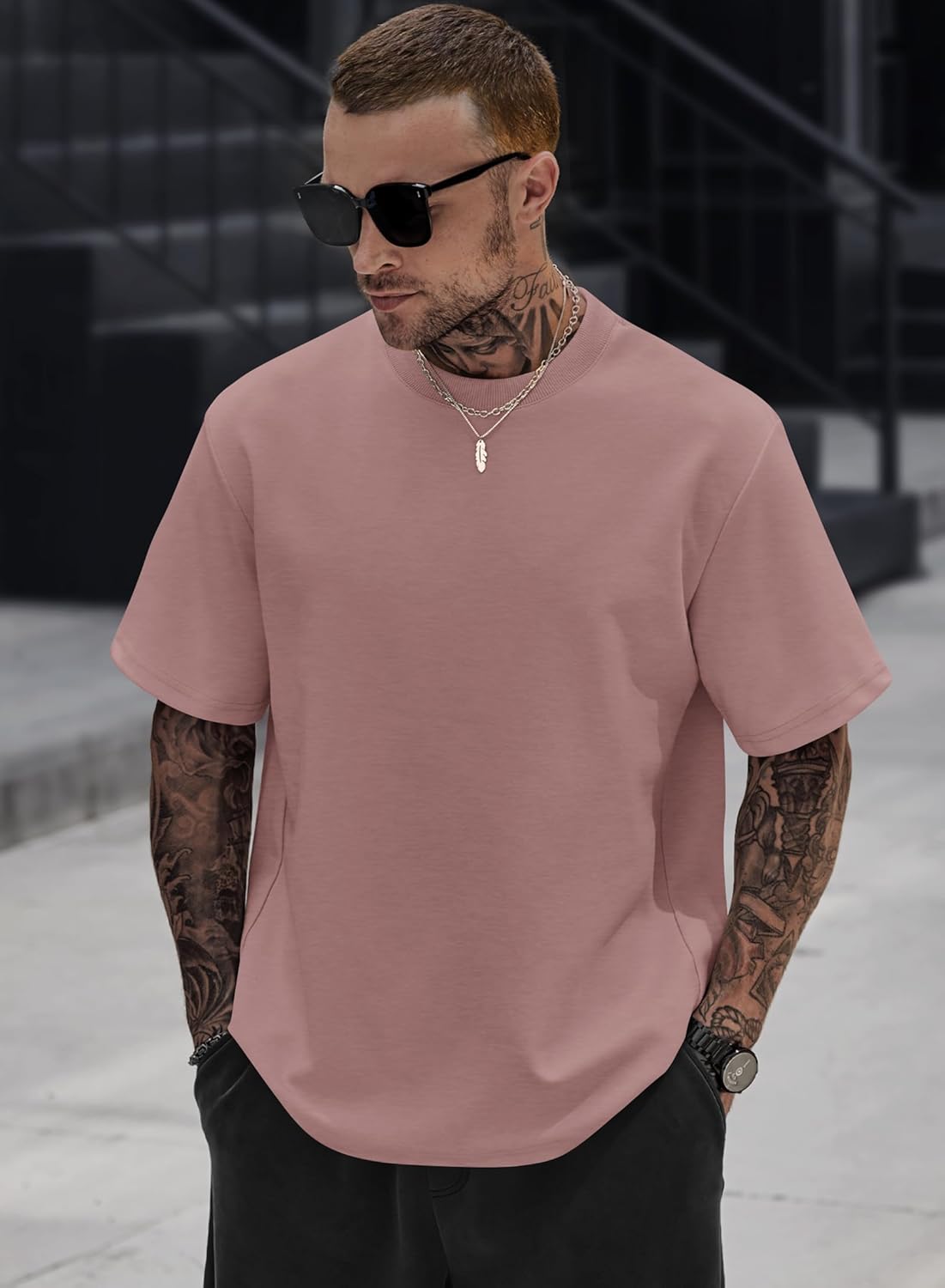 Mens Oversized T-Shirts Heavyweight Cotton Crew Neck Stretch Fashion Thick Tee Tops - Image 4