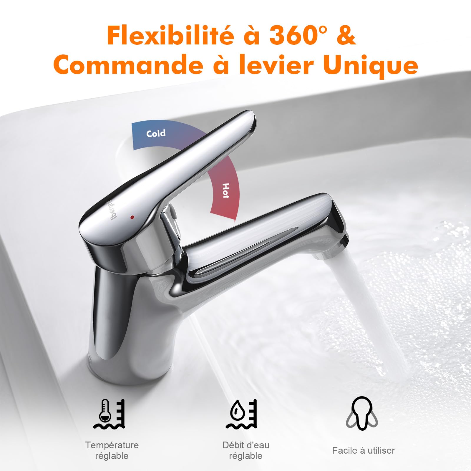 Ibergrif mitigeur salle de bain en laiton chromé | Connexion G trois huit, eau chaude et froide, design moderne