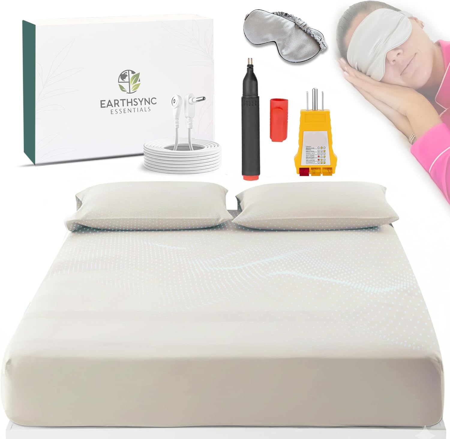 Bare Earth Grounding Sheets Queen Size | Woven 10% Silver Fiber, Soft 400TC Cotton Earthing Sheets | 15ft Cord, Outlet Tester, Conductivity Pen & Silk Eye Mask (White)
