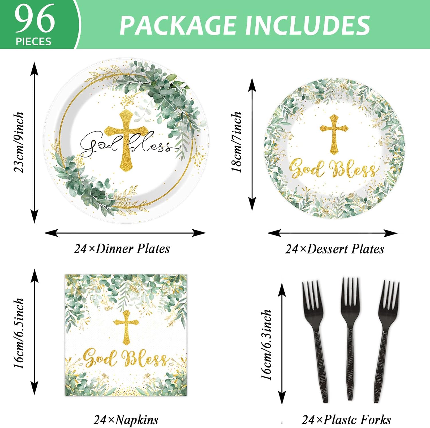 96 Pieces God Bless Party Plates Baptism Theme Party Decorations First Holy Communion Paper Plates and Napkins Mi Bautizo Eucalyptus Leaves Sage Disposable Dessert Tableware Set Supplies 24 Guests