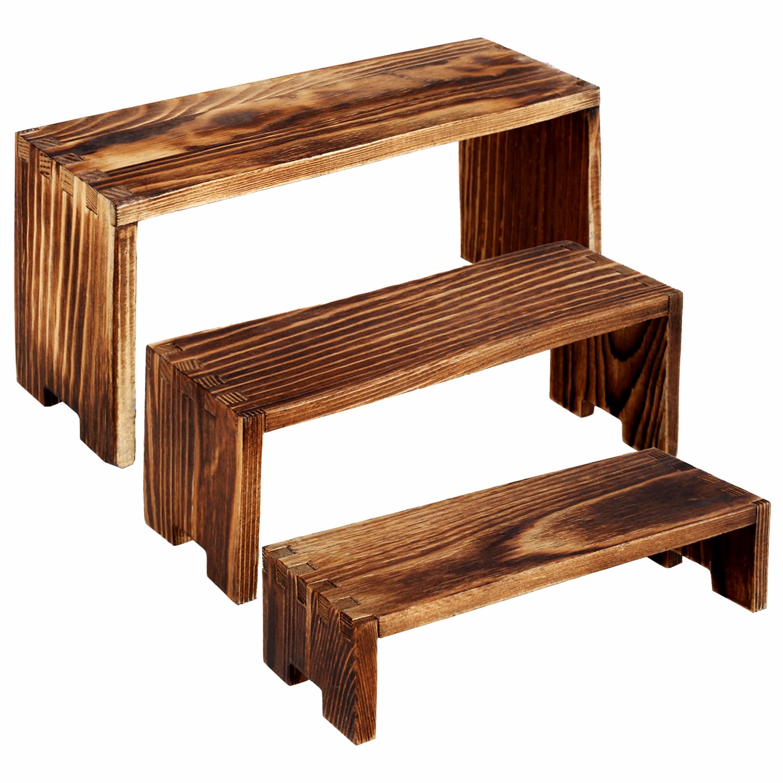 Nihuifdpy Original Wood Color 3 Tiers Wood Display Stand 3 Sizes Rectangular Pine Display Risers Stackable Rustic Wood Decorative Display Rack Shelf Organizer For Flowers Desserts Cupcake Dolls Figures Perfume Candy