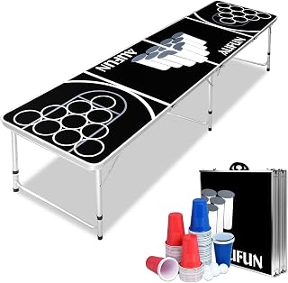 YRHome Juego de mesa Beer Pong, incluye 100 vasos, 50 rojos y 50 azules, 5 pelotas, mesa de pong de aluminio y MDF, juego clásico para fiestas, color negro
