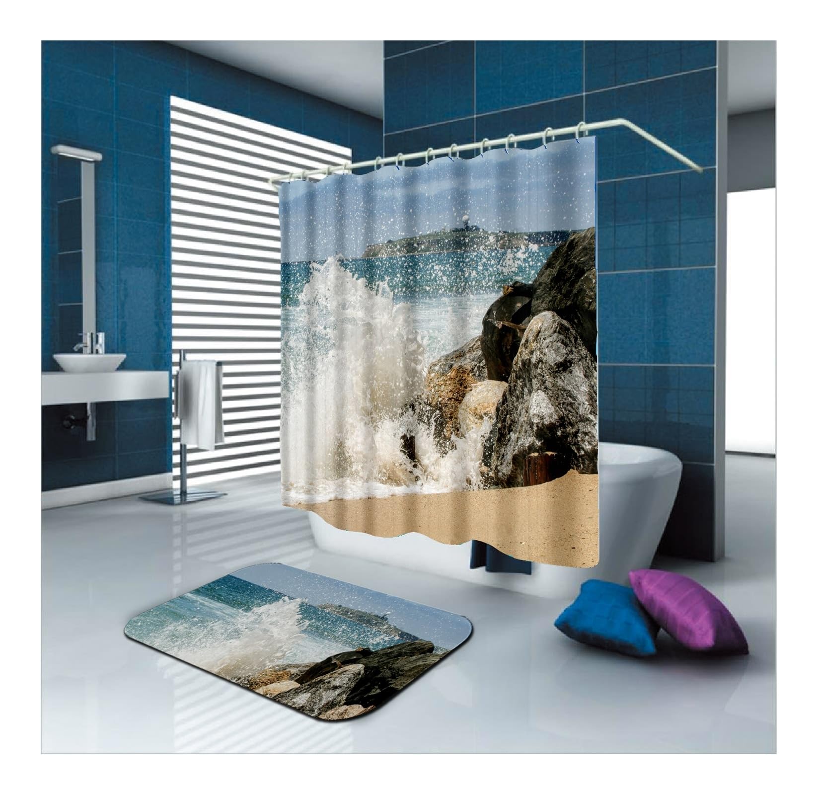 Rideau de douche en tissu polyester lavable et anti-moisissure au motif pierre multicolore