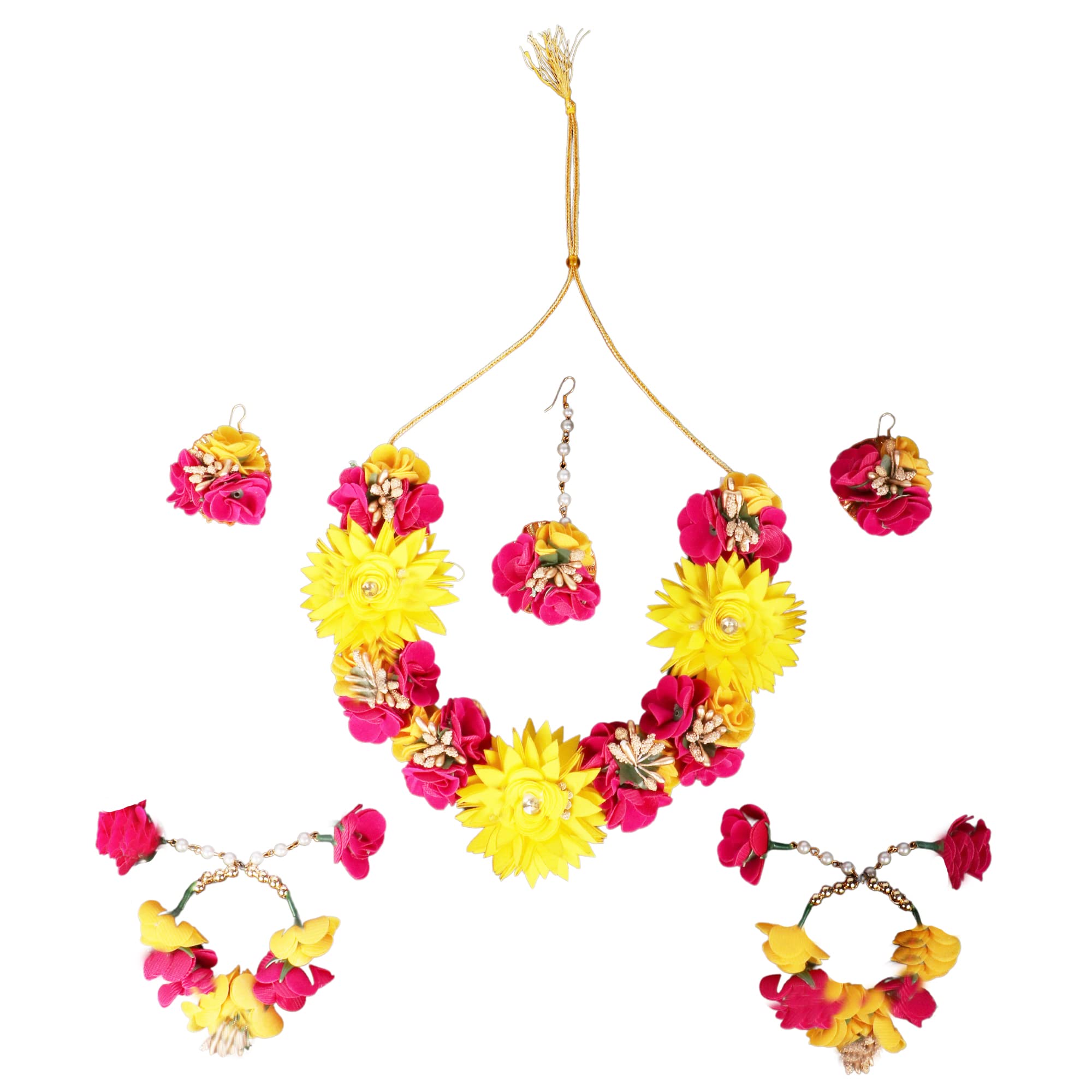 SHOPMORE Alloy Beautiful Flower Jewellery Set Necklace, Earrings, Mangteeka and Bracelets Jewellery Set for Women and Girl (Yellow Pink) (B0BWY81H87) Amazon Price History, Amazon Price Tracker