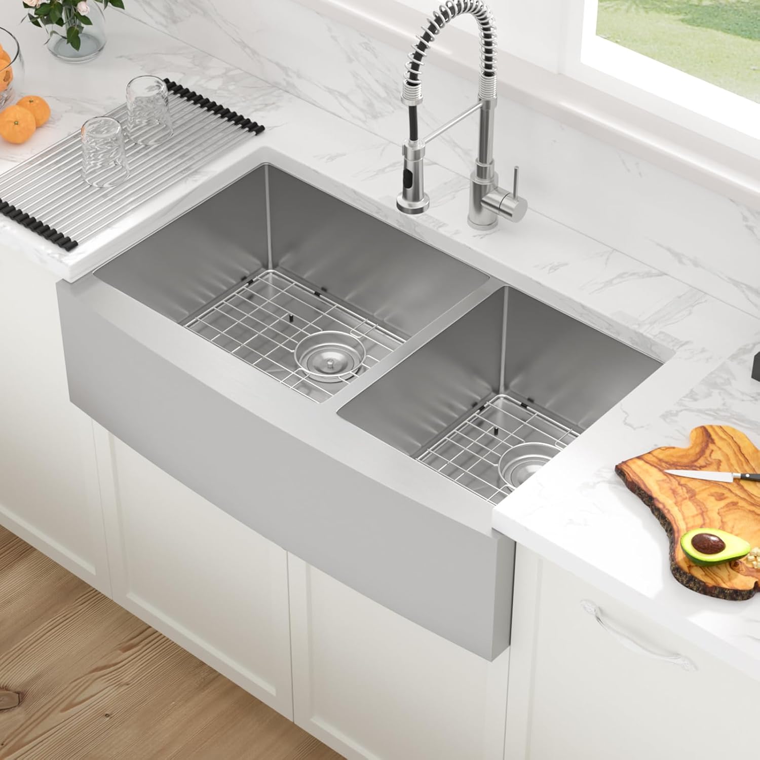 Sarlai 36 Stainless Farmhouse Sink Double Bowl - 36x21 Inch Apron Front Kitchen Sink Stainless Steel Farm 60/40 Farmer Double Kitchen Sinks 16 Gauge Round Corner Undermount Farm Sinks Basin